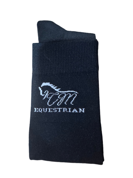 CM equestrian logo socks in black with White logo on the side.