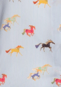 Espoir Colorful Running Horses on Blue Stripe Ladies Button Shirt