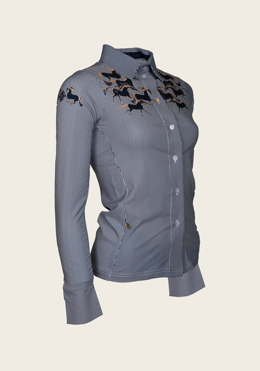 Running Horses Navy Ladies’ Button Sun Shirt