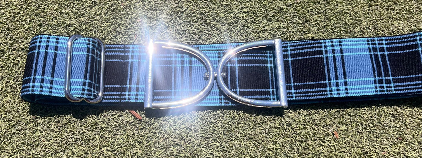 Stirrup belt buckle with Blue Plaid