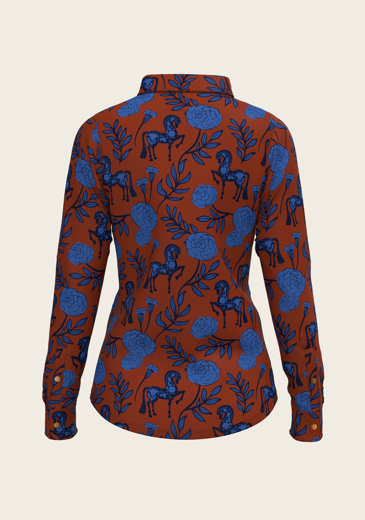 Peony Navy on Tan Ladies Casual Button Shirt