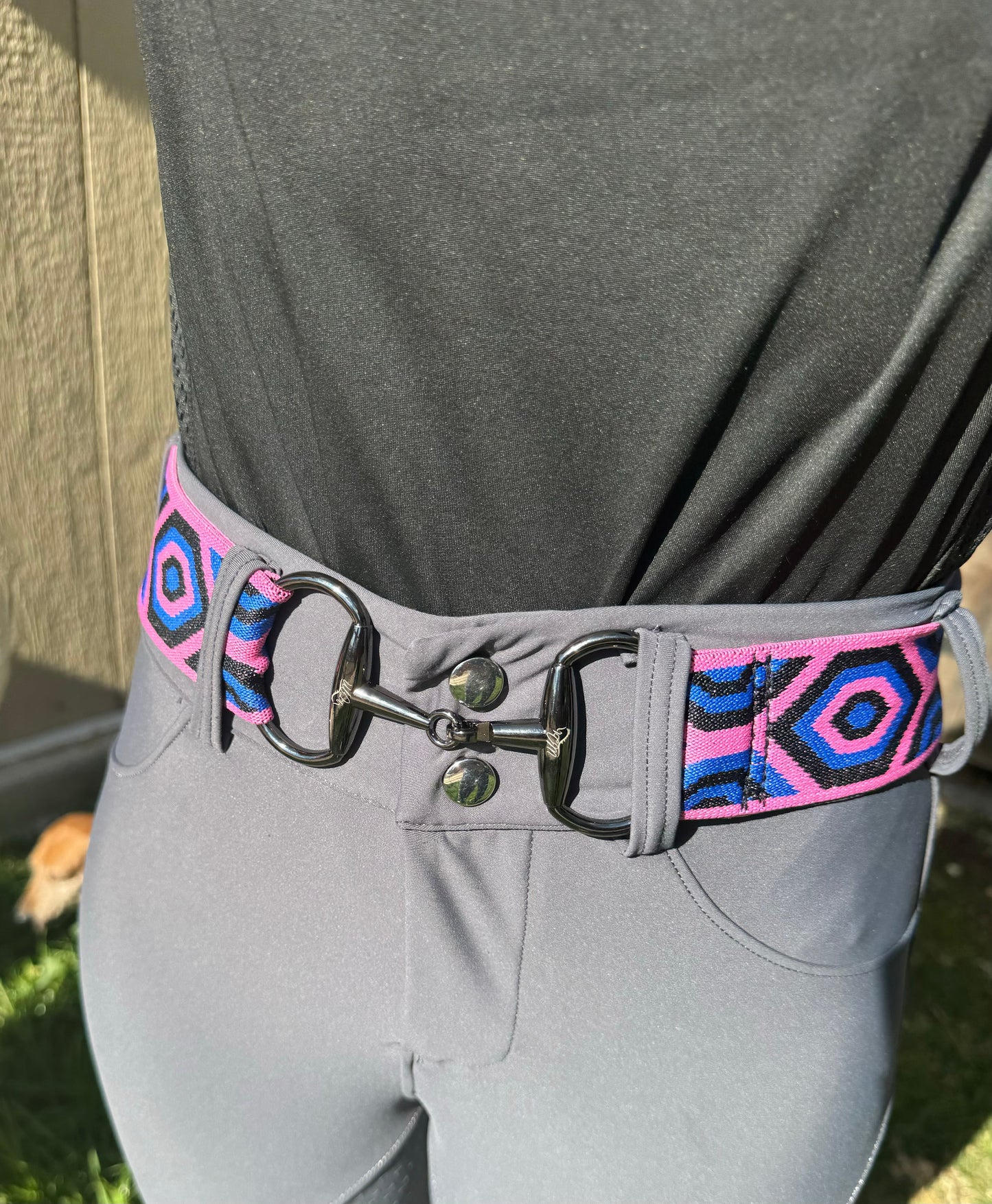 2” equestrian black gun metal Snaffel bit belt buckle and pink and blue