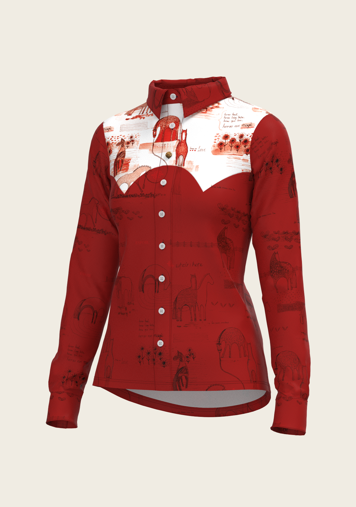 Daydreaming Horses in Red Ladies Button Shirt