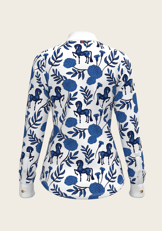 Peony in blue Short Pleated Long Sleeve Show Shirt