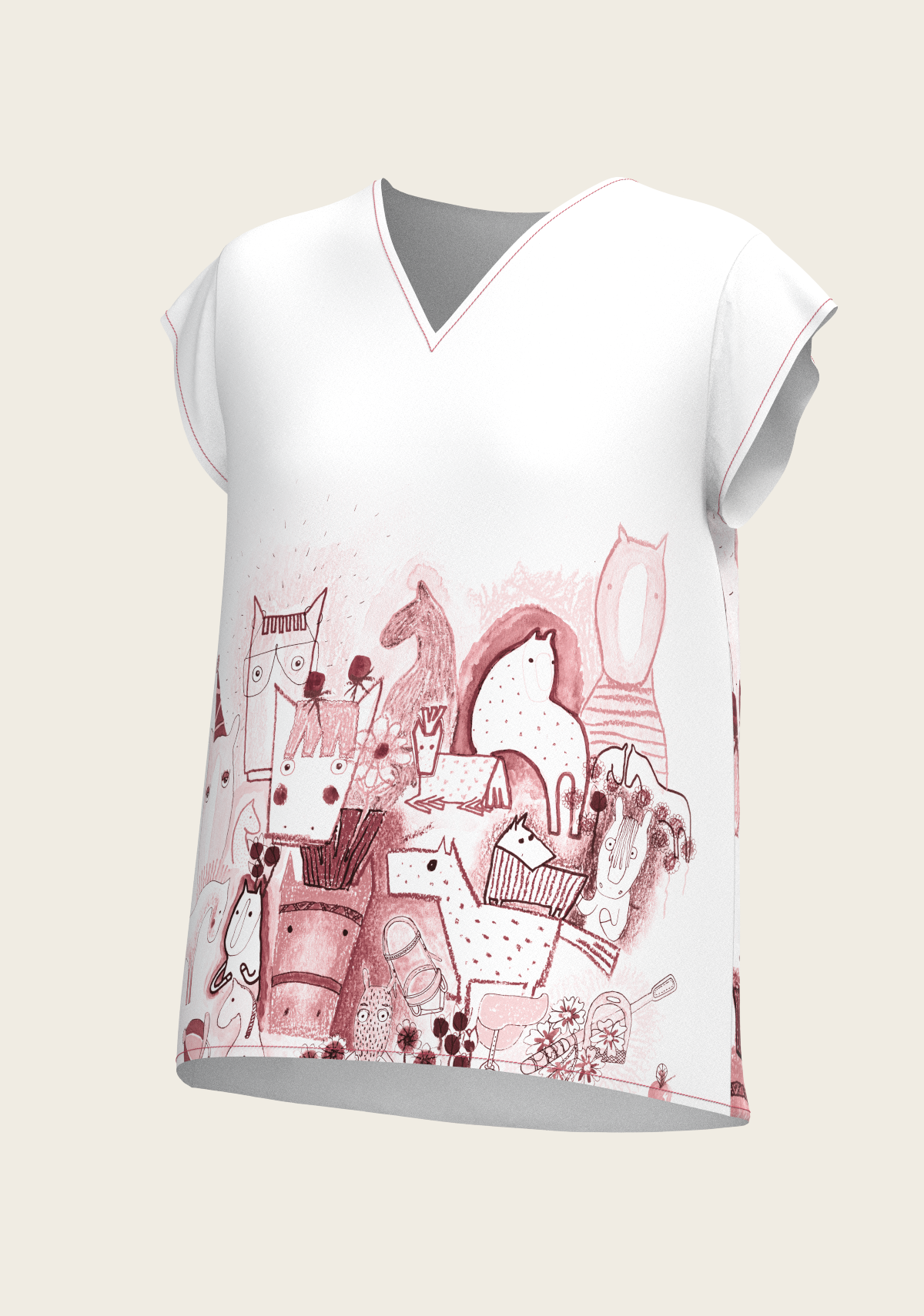 The Horse Fair in Rose Loose Fitting V Neck Shirt