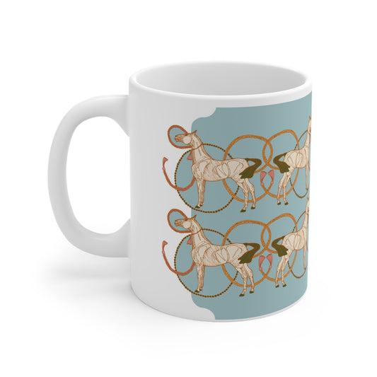 Ceramic Mug 11oz in Roped Horses on Sky Blue