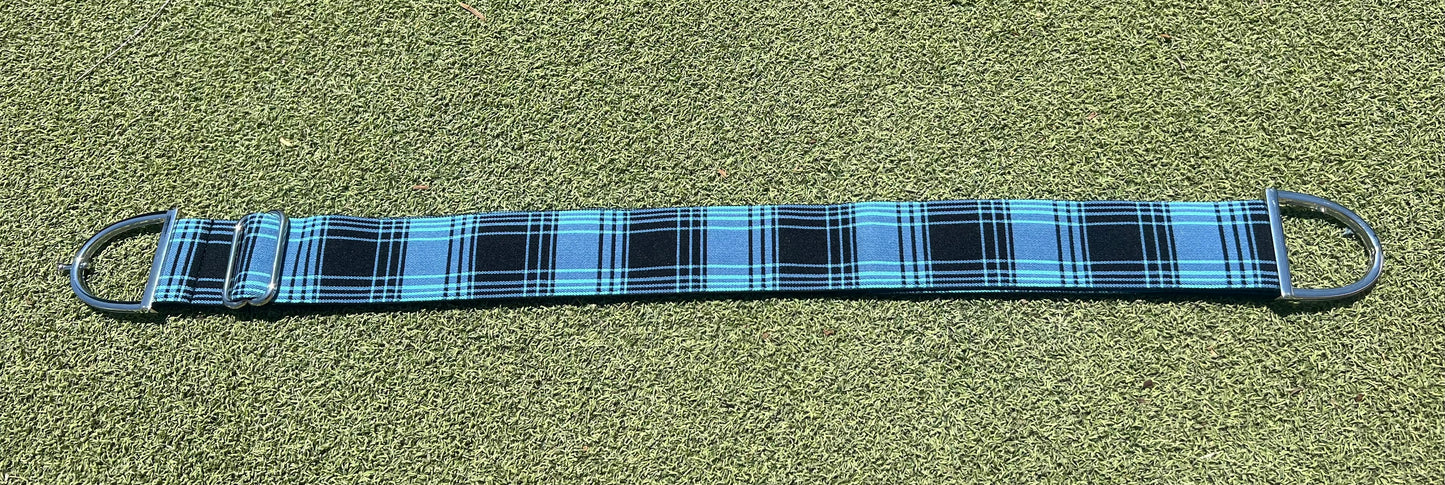 Stirrup belt buckle with Blue Plaid