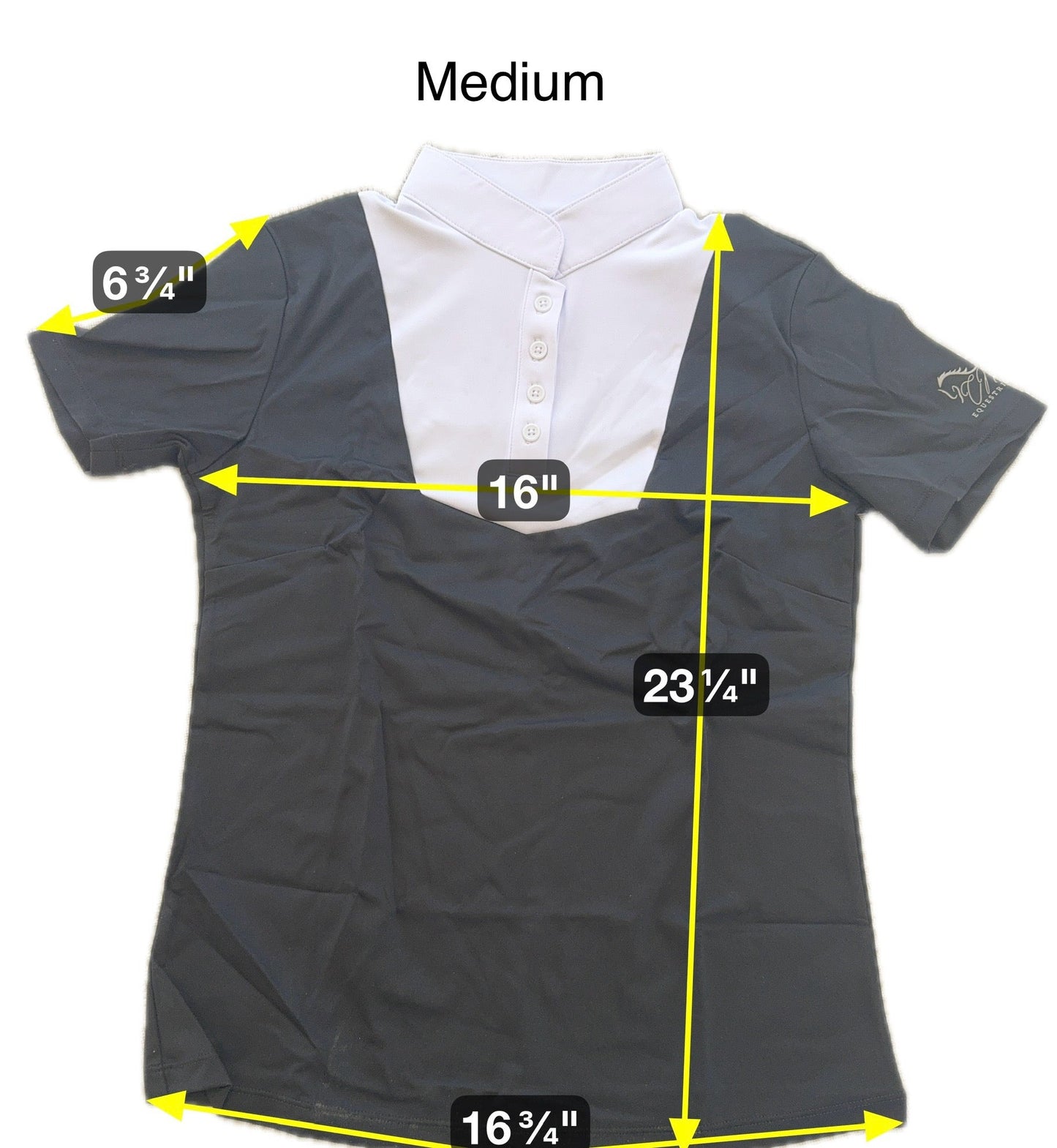 Dark grey white Equestrian two tone short sleeve hunter show shirt with Logo on sleeve