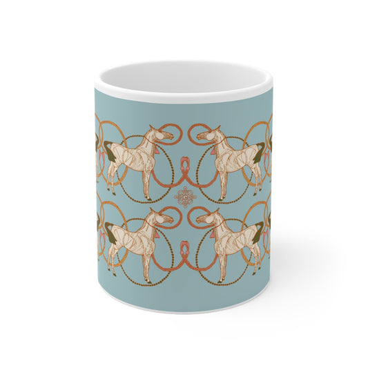 Ceramic Mug 11oz in Roped Horses on Sky Blue