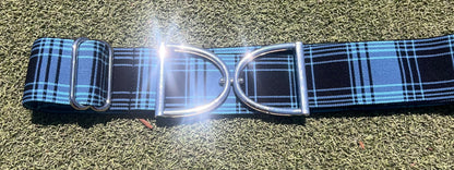 Stirrup belt buckle with Blue Plaid