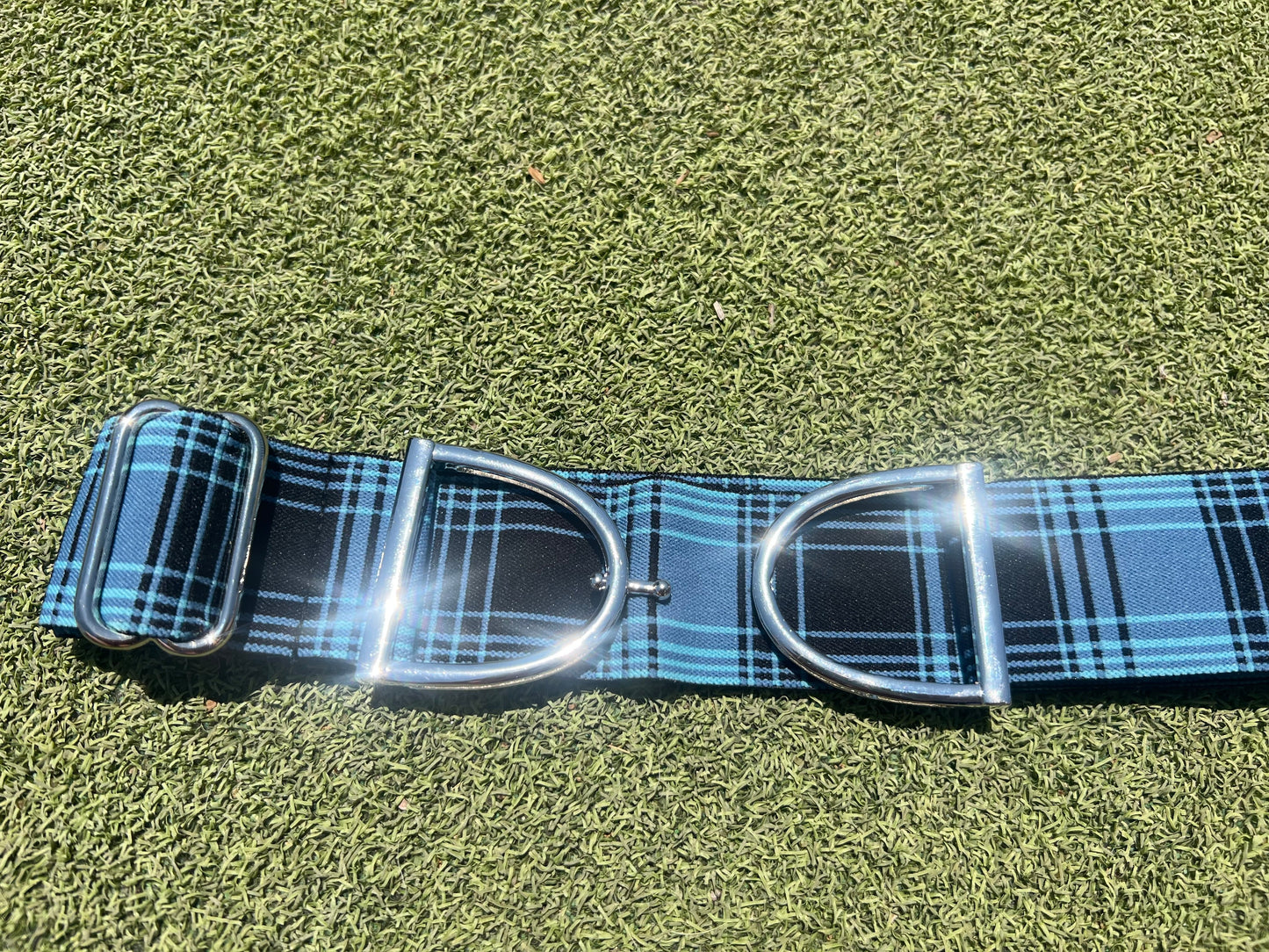 Stirrup belt buckle with Blue Plaid