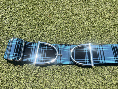 Stirrup belt buckle with Blue Plaid