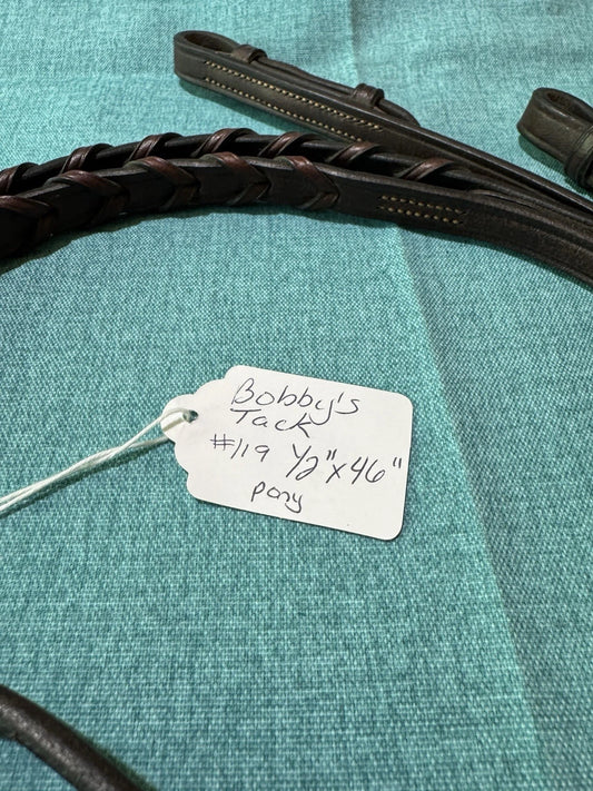 NEW 119 Bobby’s 1/2”x46” Havana Silver Spur Flat Leather Laced Snaffle Pony Rein