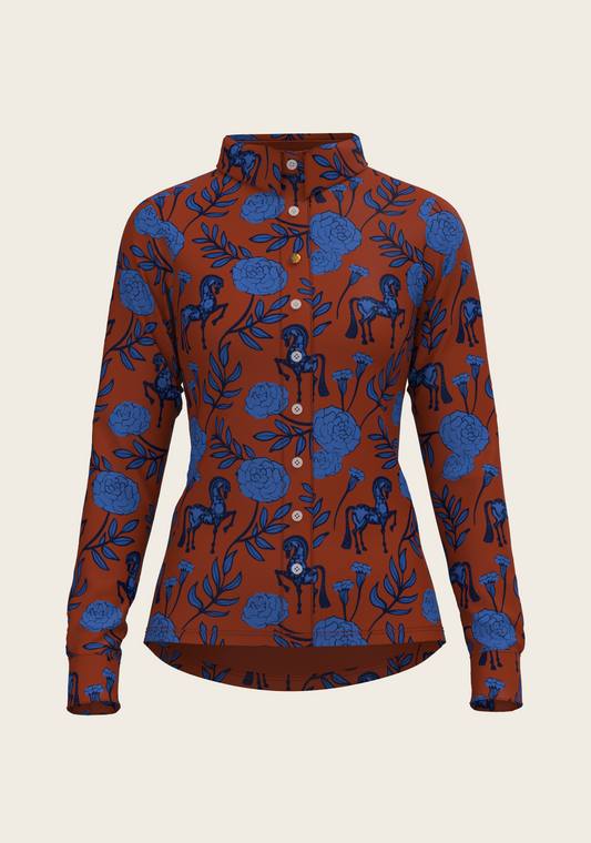 Peony Navy on Tan  Ladies Casual Button Shirt