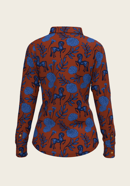 Peony Navy on Tan  Ladies Casual Button Shirt