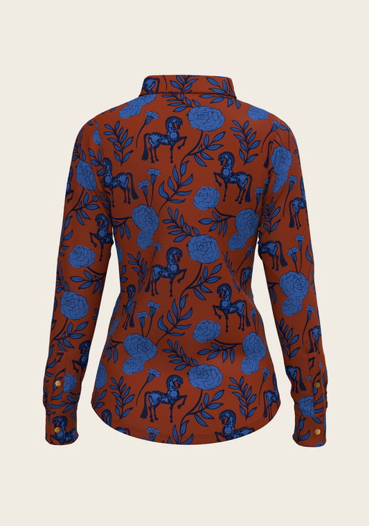 Peony Navy on Tan  Ladies Casual Button Shirt