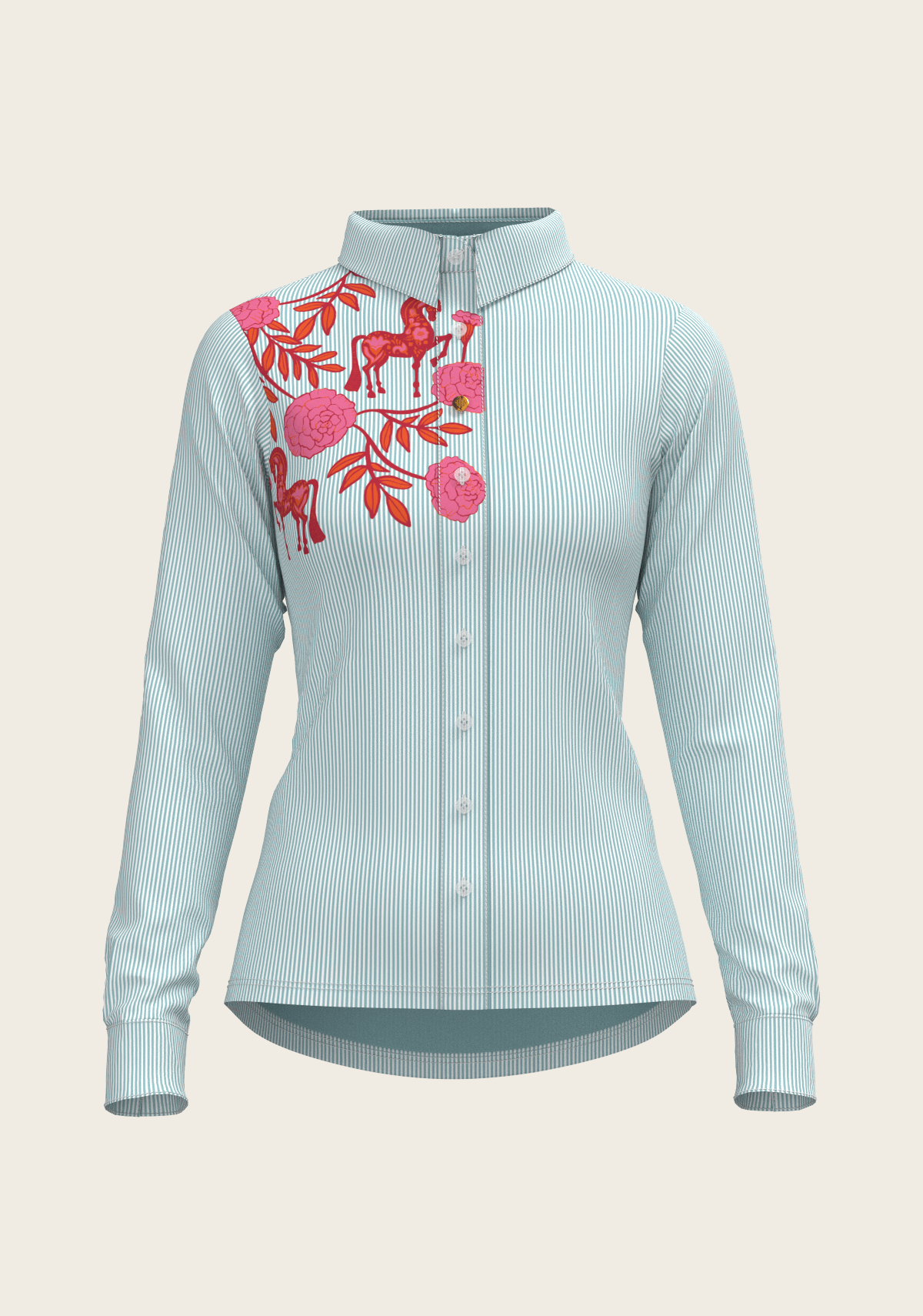 Peony in Pink on Blue Stripes Ladies Casual Button Shirt
