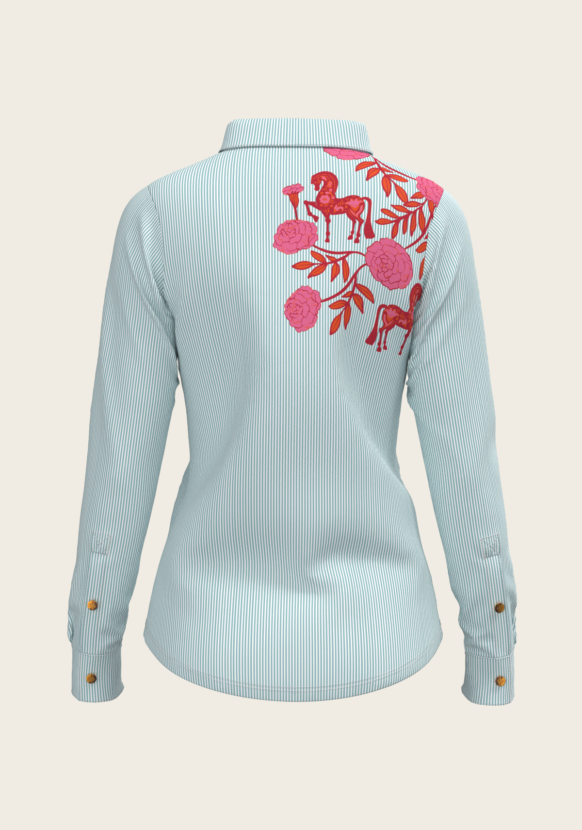 Peony in Pink on Blue Stripes Ladies Casual Button Shirt