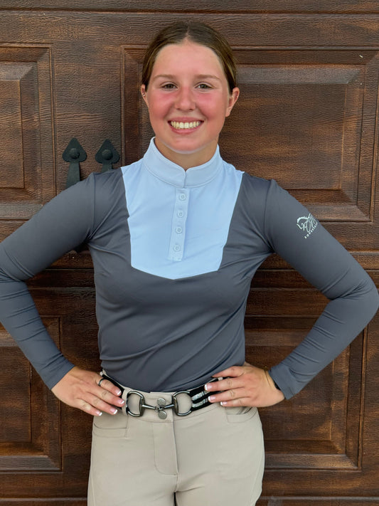 Dark Grey and white Equestrian two tone long sleeve show shirt with logo on sleeve