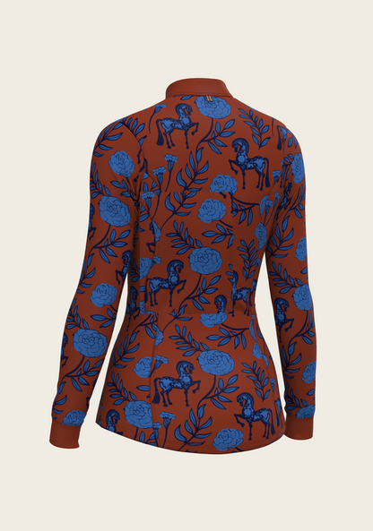 Peony in Blue on Tan Quarter Zip Sun Shirt