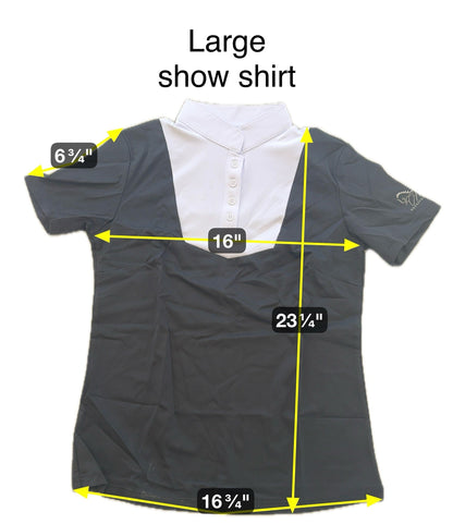 Dark grey white Equestrian two tone short sleeve hunter show shirt with Logo on sleeve