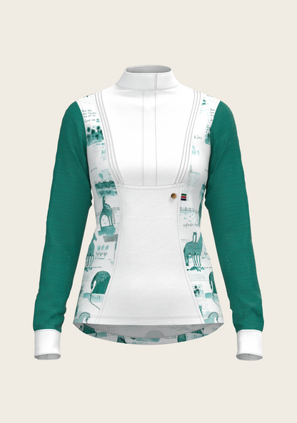 Daydreaming Horses in Green Short Pleated Long Sleeve Show Shirt
