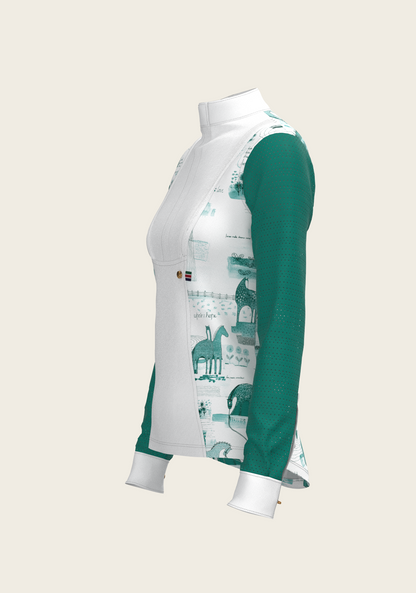 Daydreaming Horses in Green Short Pleated Long Sleeve Show Shirt