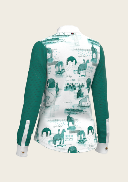 Daydreaming Horses in Green Short Pleated Long Sleeve Show Shirt