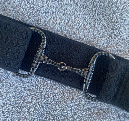 CZ 1.5” Black Snaffle Bit Riding Belt with gun metal bit and black rhinestone crystals