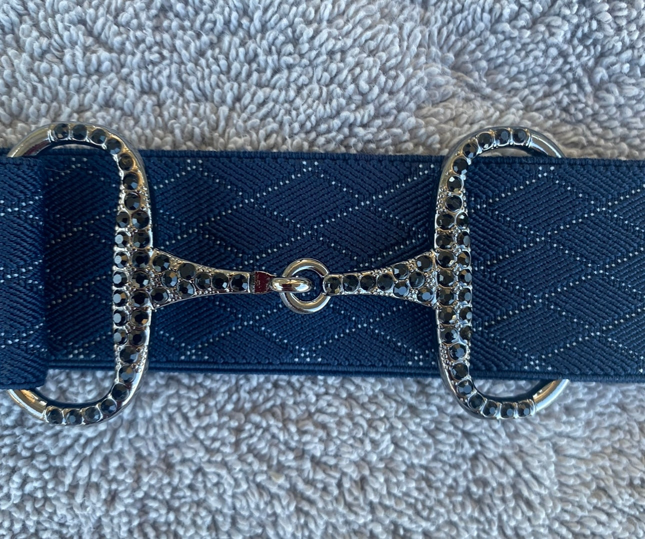 Black Diamond patterned  1.5” Adjustable Snaffle Bit Riding Belt with gun metal bit and black rhinestone crystals