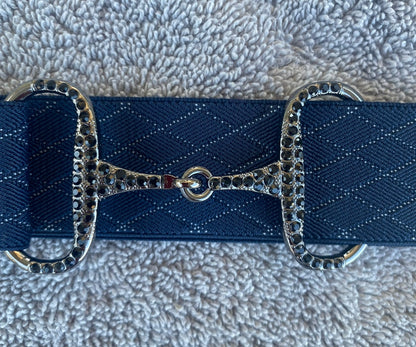 Black Diamond patterned  1.5” Adjustable Snaffle Bit Riding Belt with gun metal bit and black rhinestone crystals