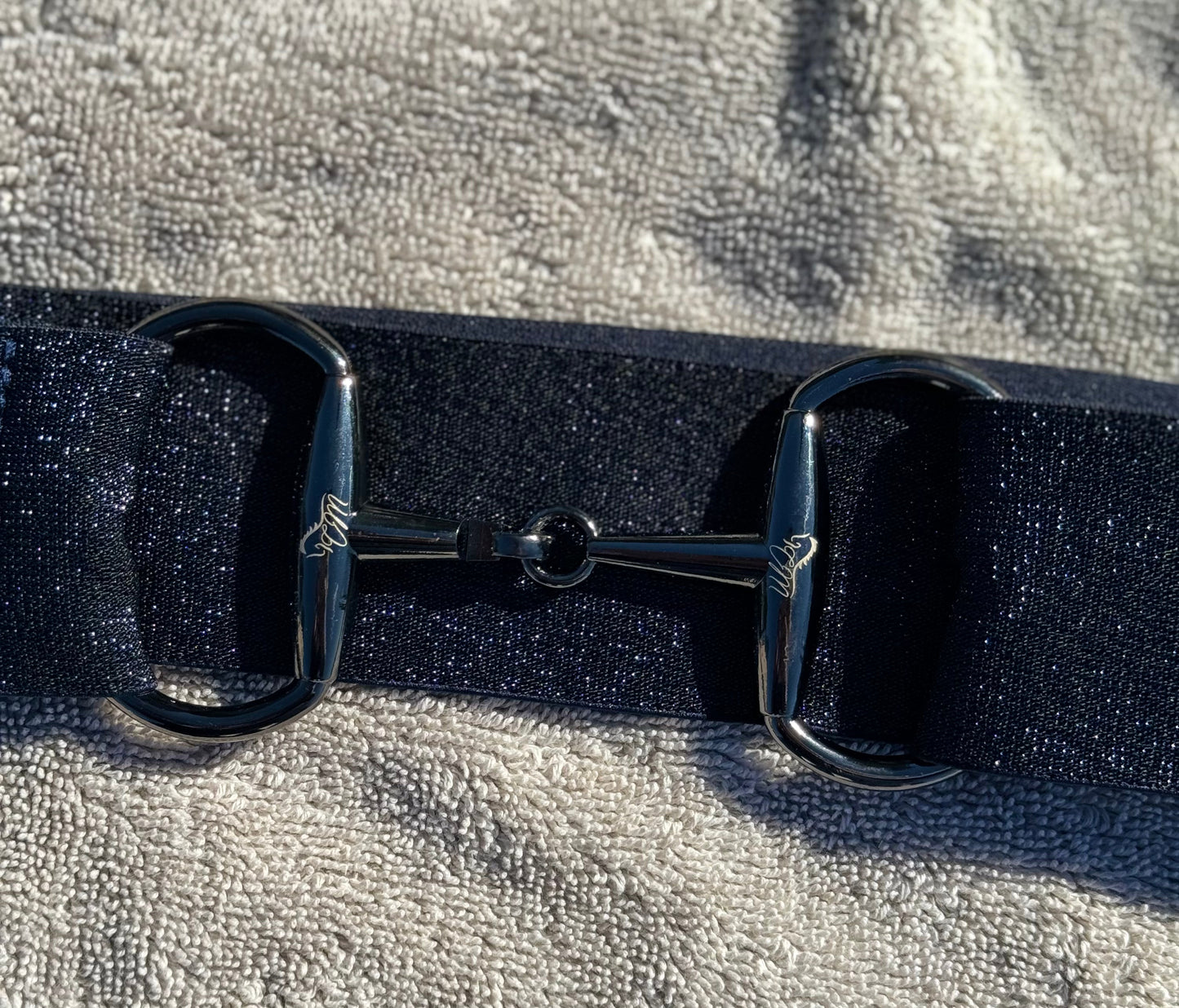 Sparkle blue 2” equestrian black gun metal Snaffle bit belt buckle