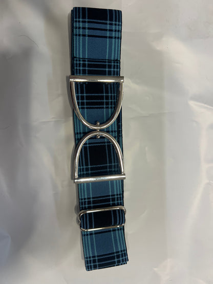 Stirrup belt buckle with Blue Plaid