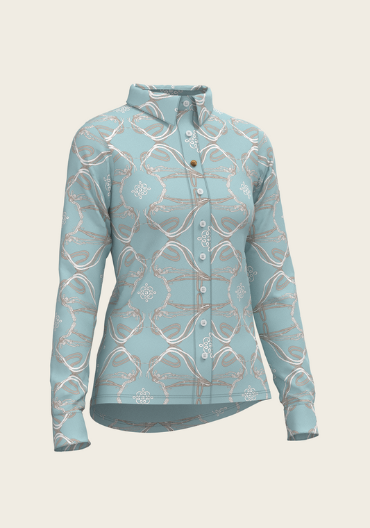 Roped Bridles on Sky Blue Ladies Button Shirt