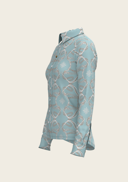 Roped Bridles on Sky Blue Ladies Button Shirt