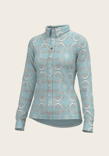 Roped Bridles on Sky Blue Ladies Button Shirt