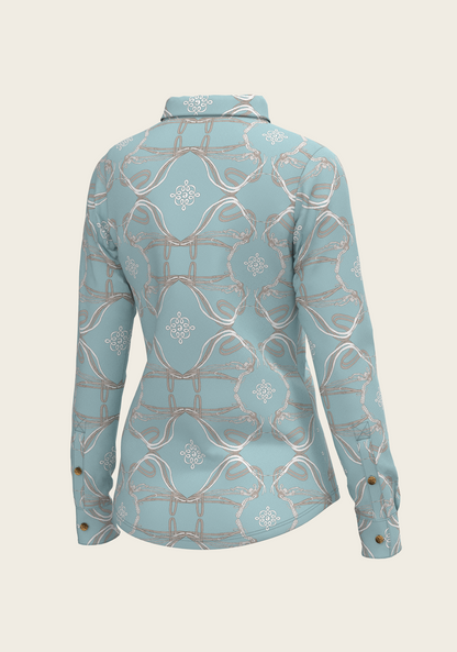Roped Bridles on Sky Blue Ladies Button Shirt