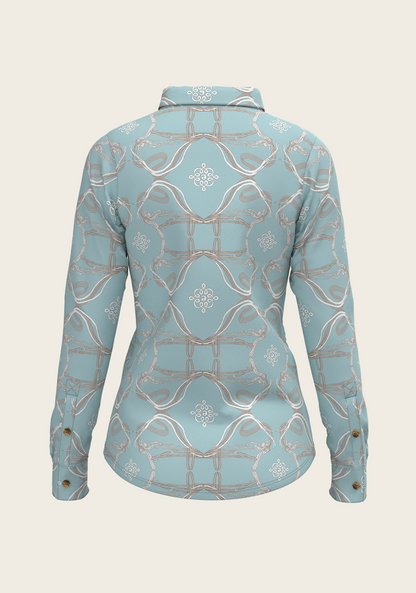 Roped Bridles on Sky Blue Ladies Button Shirt