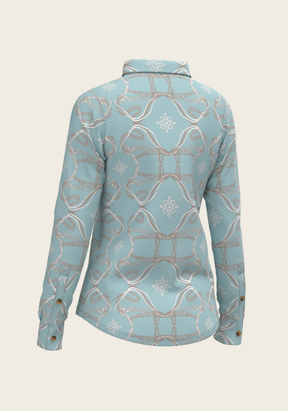 Roped Bridles on Sky Blue Ladies Button Shirt