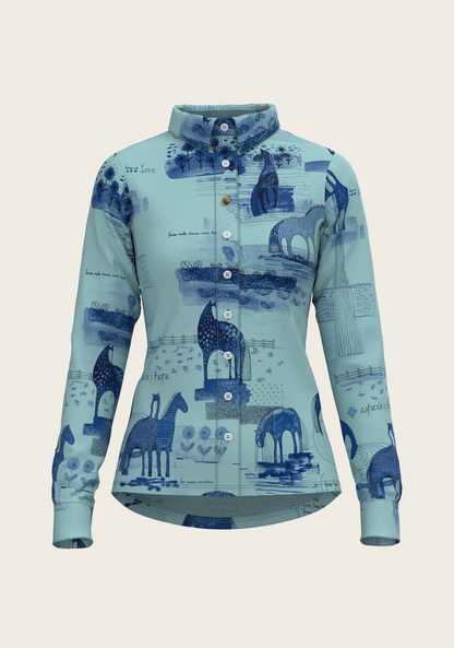 Daydreaming Horses in Blue Ladies Button Shirt