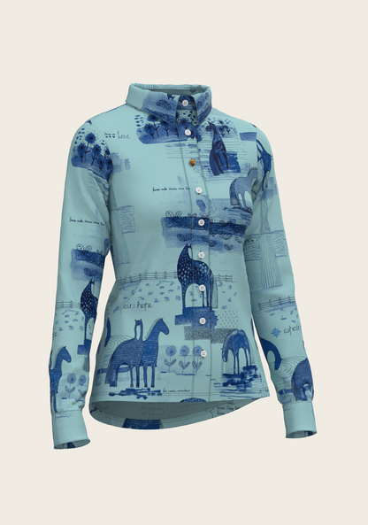 Daydreaming Horses in Blue Ladies Button Shirt