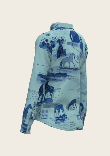 Daydreaming Horses in Blue Ladies Button Shirt