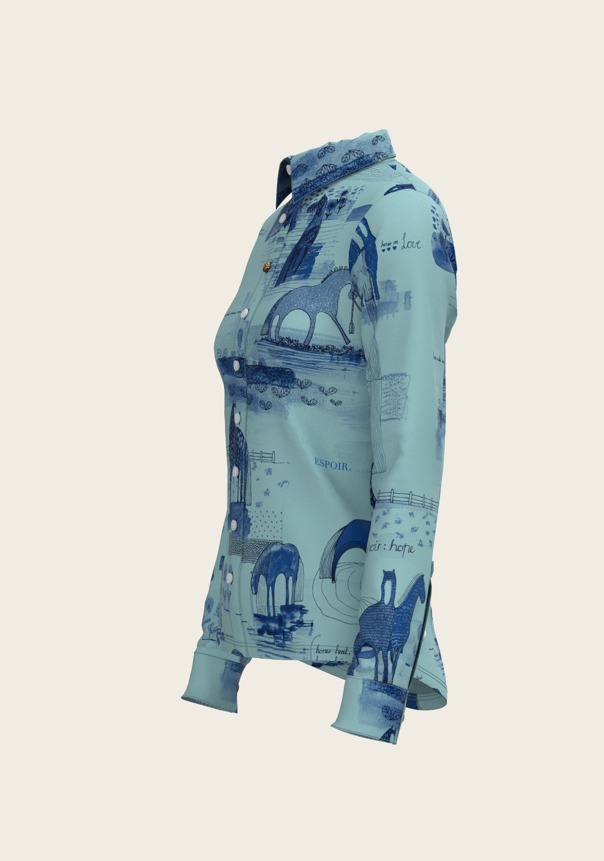 Daydreaming Horses in Blue Ladies Button Shirt