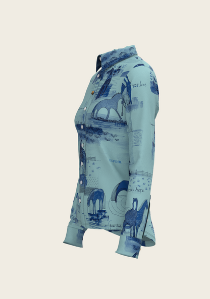 Daydreaming Horses in Blue Ladies Button Shirt