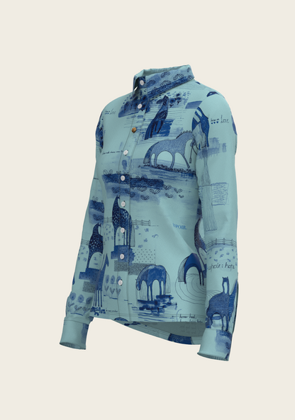 Daydreaming Horses in Blue Ladies Button Shirt