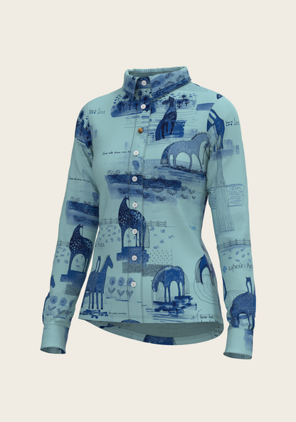Daydreaming Horses in Blue Ladies Button Shirt