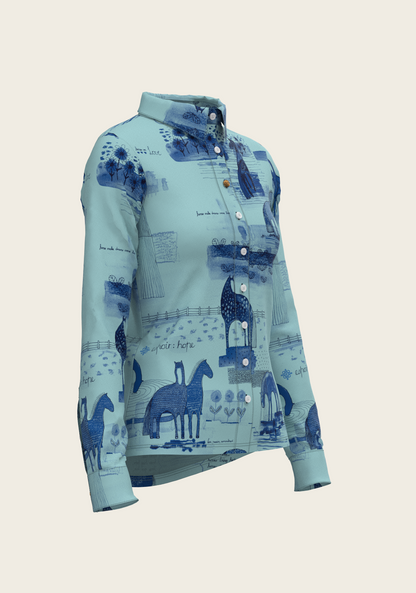 Daydreaming Horses in Blue Ladies Button Shirt