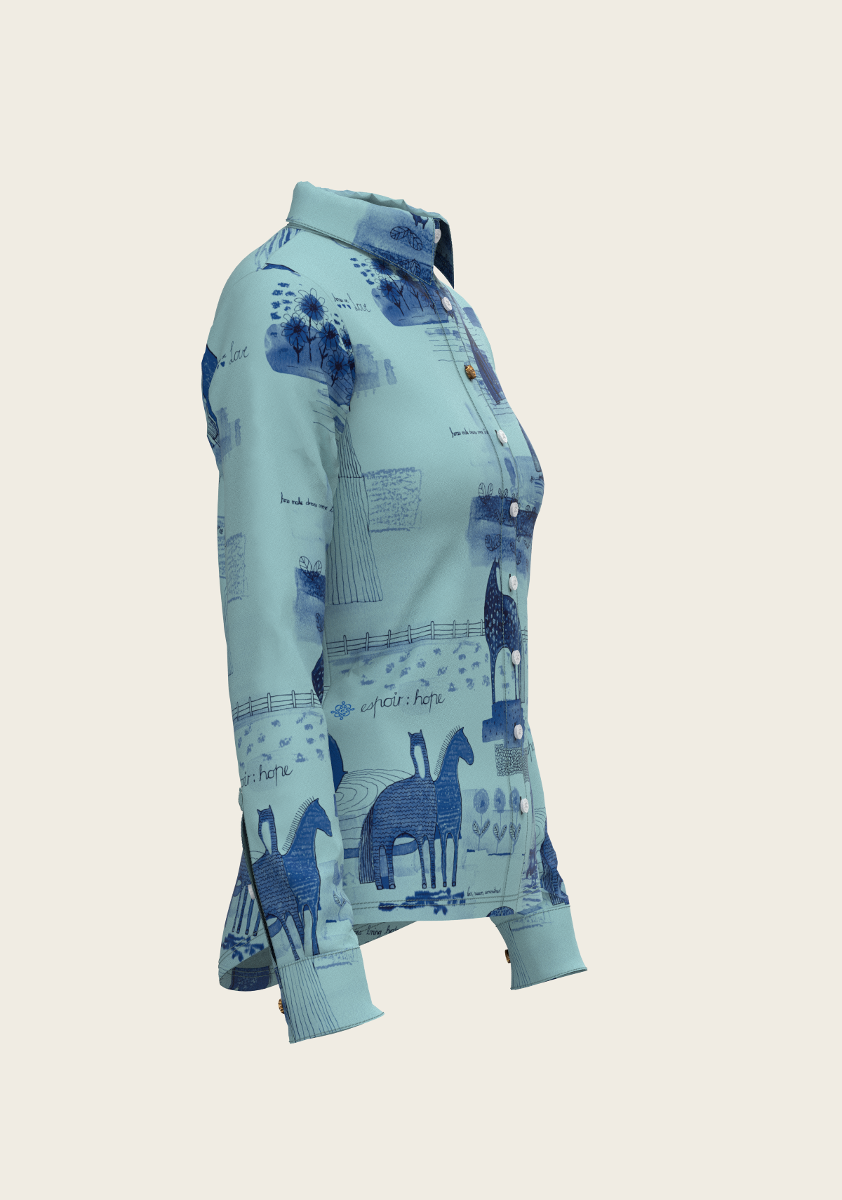 Daydreaming Horses in Blue Ladies Button Shirt