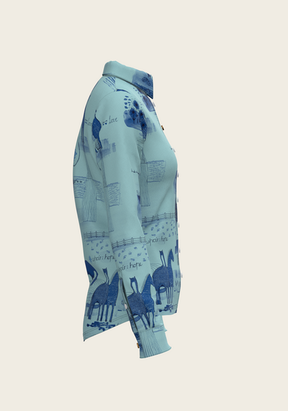 Daydreaming Horses in Blue Ladies Button Shirt