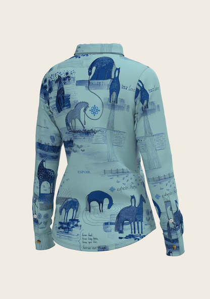 Daydreaming Horses in Blue Ladies Button Shirt